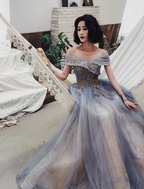 Sexy A line Off The Shoulder Gray Blue Prom Dresses Lace Long Prom Gown
