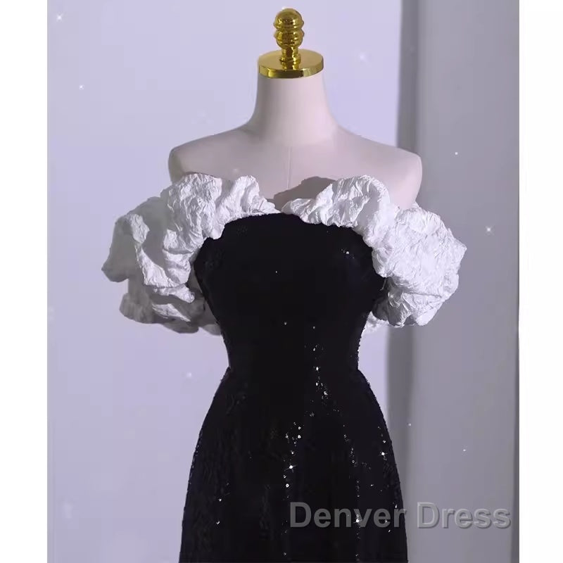 Sexy A Line Off The Shoulder Long Black Sequin Prom Dresses Secondary image
