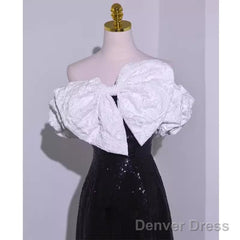 Sexy A Line Off The Shoulder Long Black Sequin Prom Dress