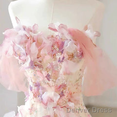 Sexy A Line Off The Shoulder Pink Tulle Floor Length Floral Prom Dresses