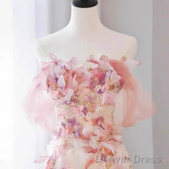 Sexy A Line Off The Shoulder Pink Tulle Floor Length Floral Prom Dresses