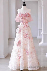 Sexy A Line Off The Shoulder Pink Tulle Floor Length Floral Prom Dresses
