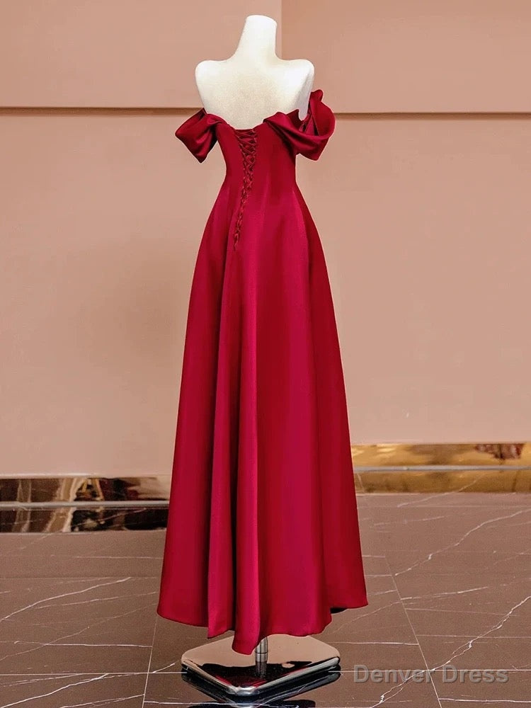 Sexy A Line Off The Shoulder Red Satin Floor Length Prom Dress