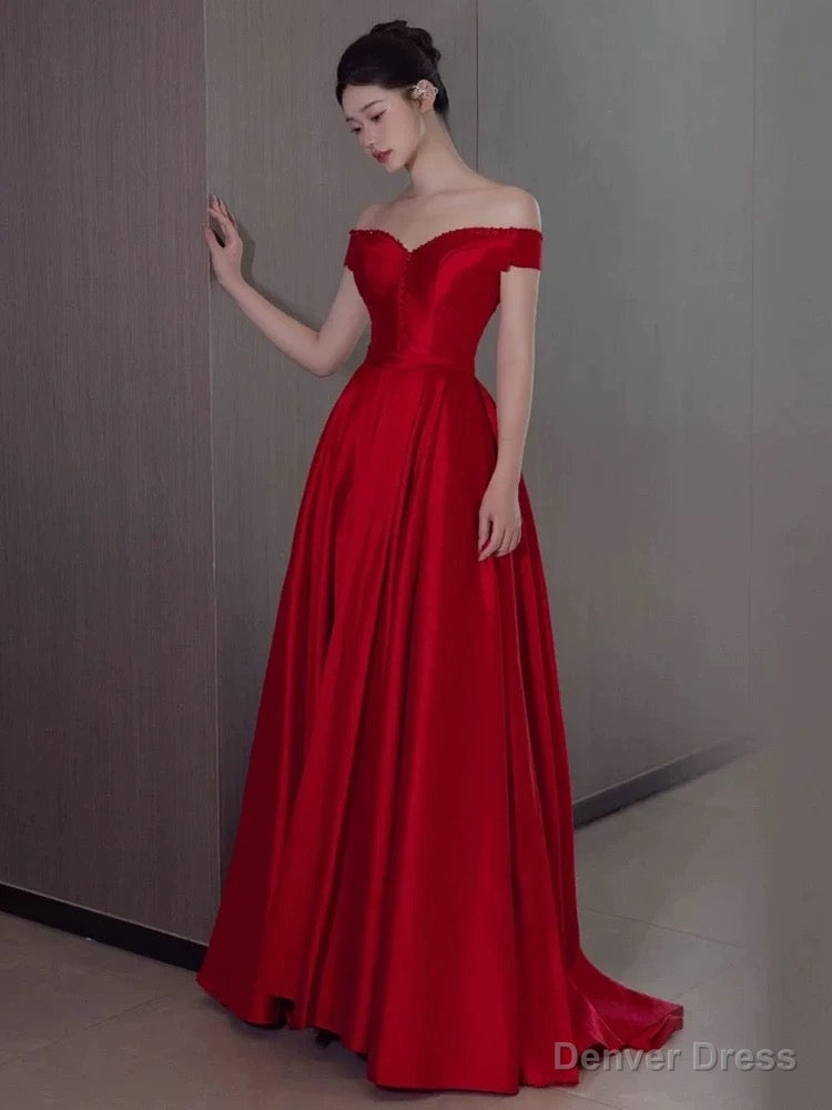 Sexy A Line Off The Shoulder Satin Red Floor Length Prom Dress