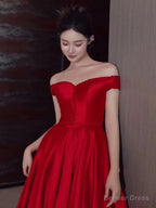 Sexy A Line Off The Shoulder Satin Red Floor Length Prom Dress