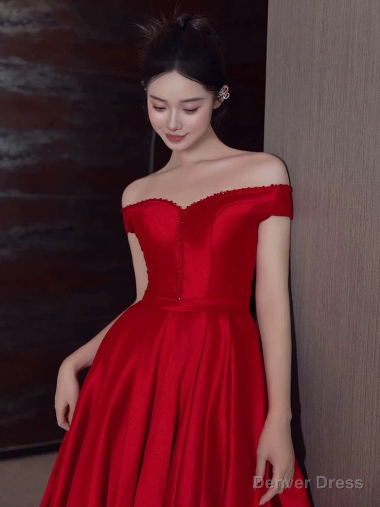Sexy A Line Off The Shoulder Satin Red Floor Length Prom Dress