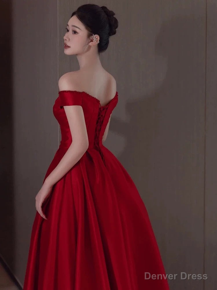 Sexy A Line Off The Shoulder Satin Red Floor Length Prom Dress