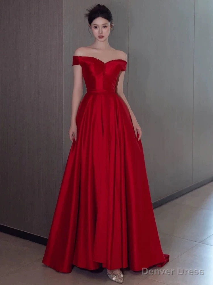 Sexy A Line Off The Shoulder Satin Red Floor Length Prom Dress