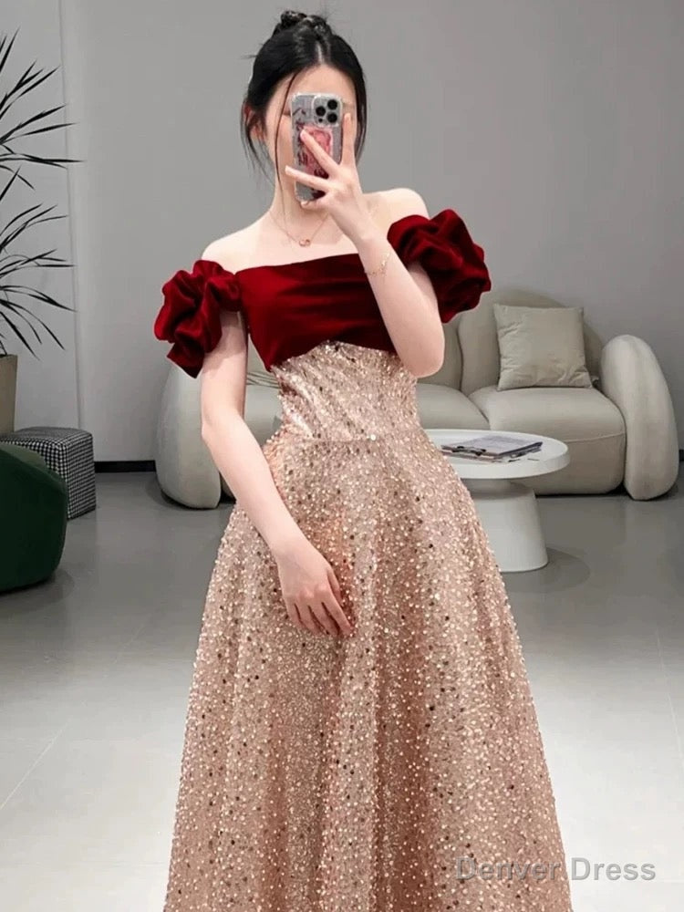 Sexy A Line Off The Shoulder Sequin Floor Length Prom Dress