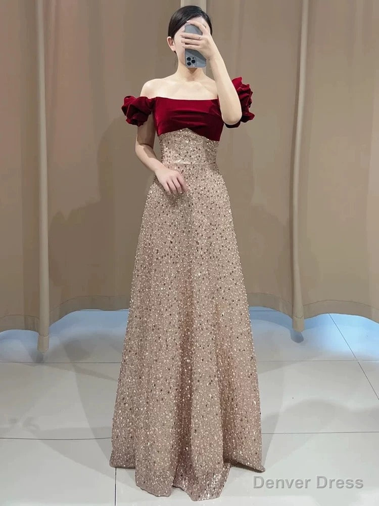 Sexy A Line Off The Shoulder Sequin Floor Length Prom Dress