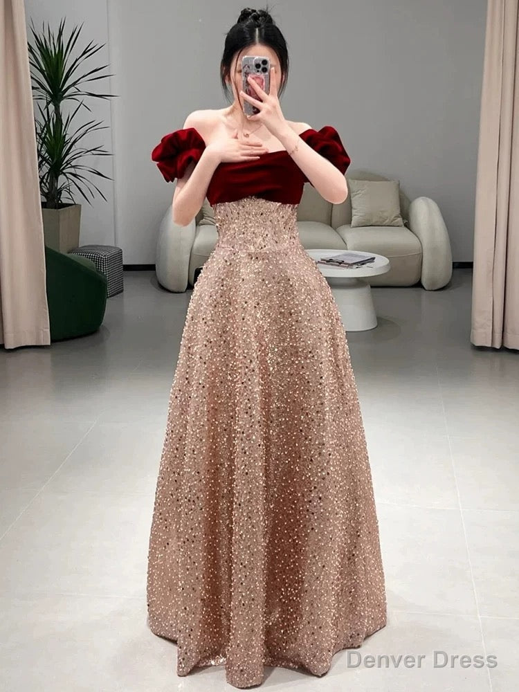 Sexy A Line Off The Shoulder Sequin Floor Length Prom Dress