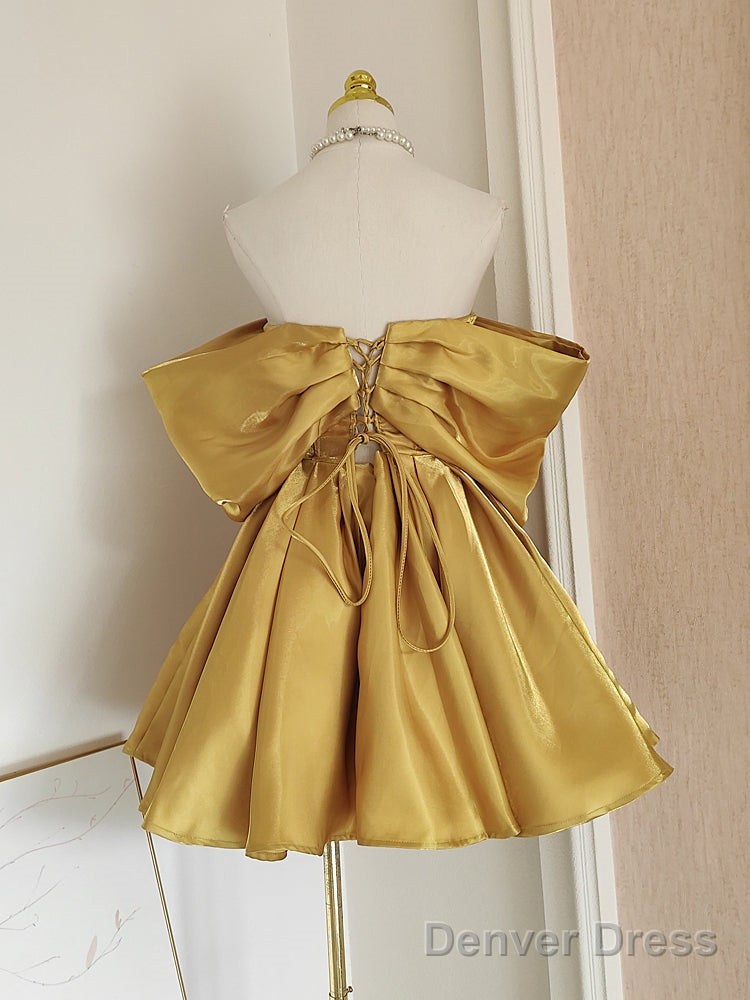Sexy A Line Off The Shoulder Yellow Satin Travel Vacation Dress Short Birthday Dresses