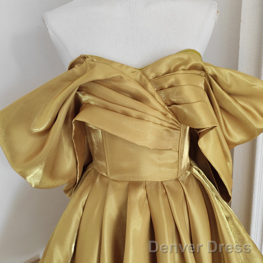 Sexy A Line Off The Shoulder Yellow Satin Travel Vacation Dress Short Birthday Dresses