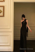 Sexy A Line One Shoulder Black Floor Length Prom Dresses Birthday Dress