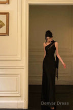 Sexy A Line One Shoulder Black Floor Length Prom Dress Birthday Dresses