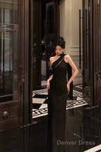 Sexy A Line One Shoulder Black Floor Length Prom Dresses Birthday Dress