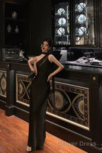 Sexy A Line One Shoulder Black Floor Length Prom Dresses Birthday Dress