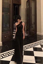 Sexy A Line One Shoulder Black Floor Length Prom Dress Birthday Dresses