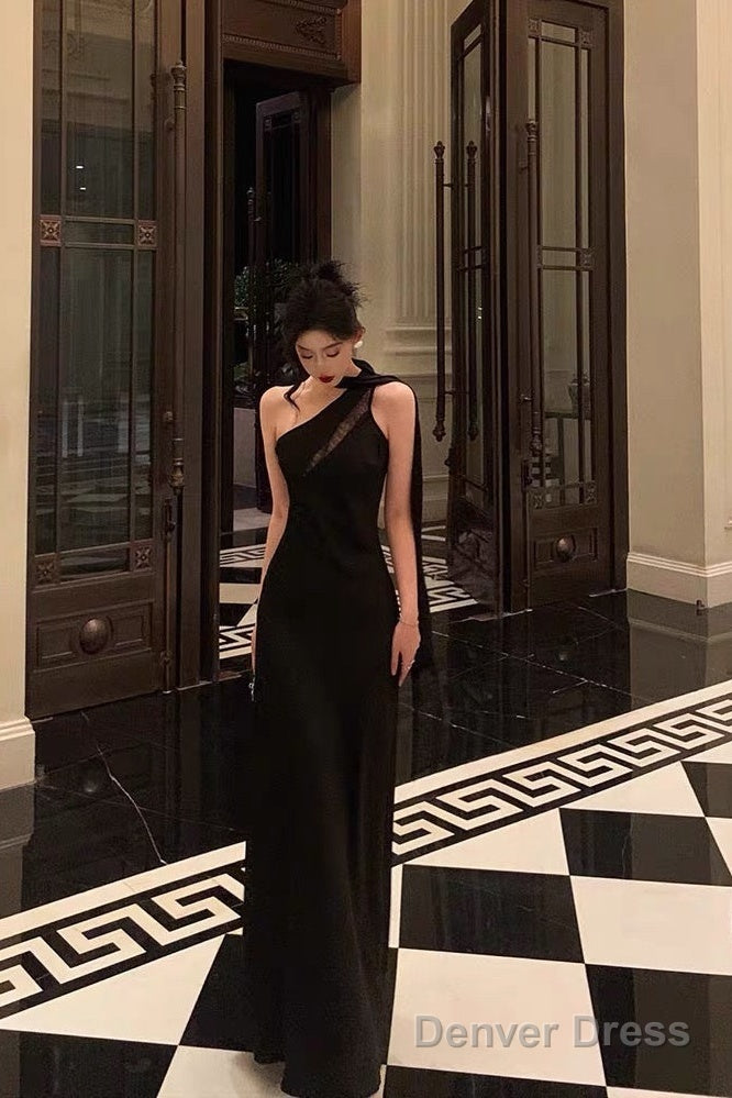 Sexy A Line One Shoulder Black Floor Length Prom Dress Birthday Dresses