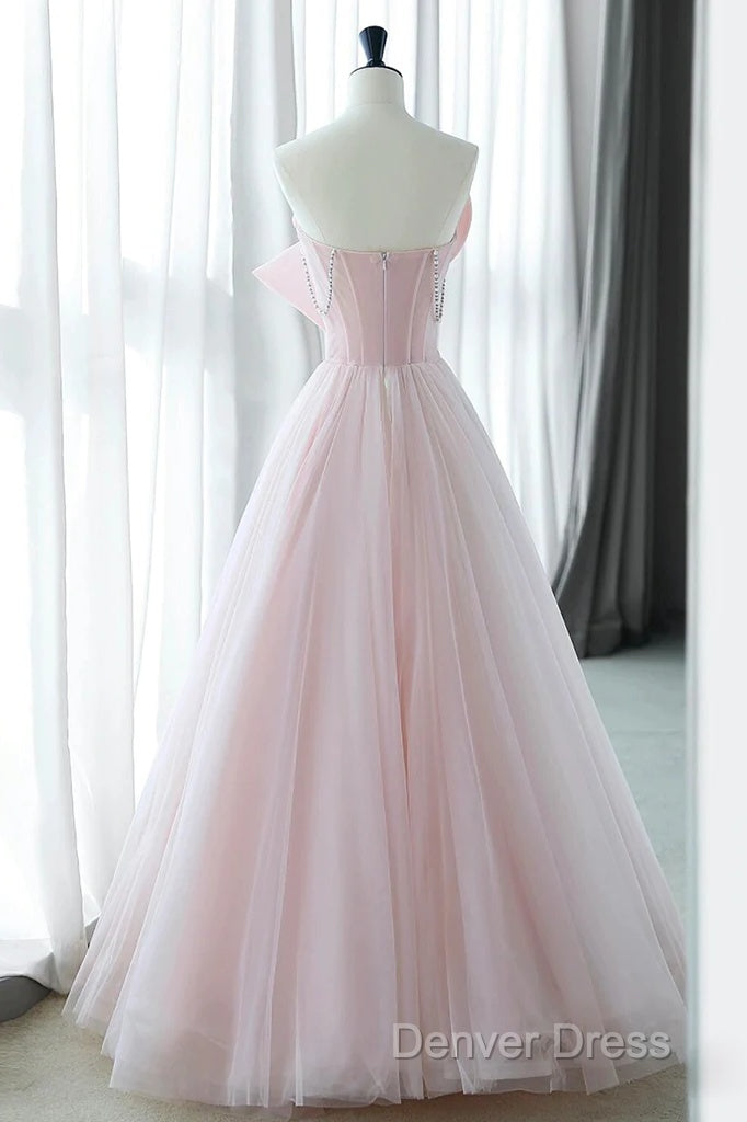 Sexy A-Line Pink Tulle Long Prom Dresses