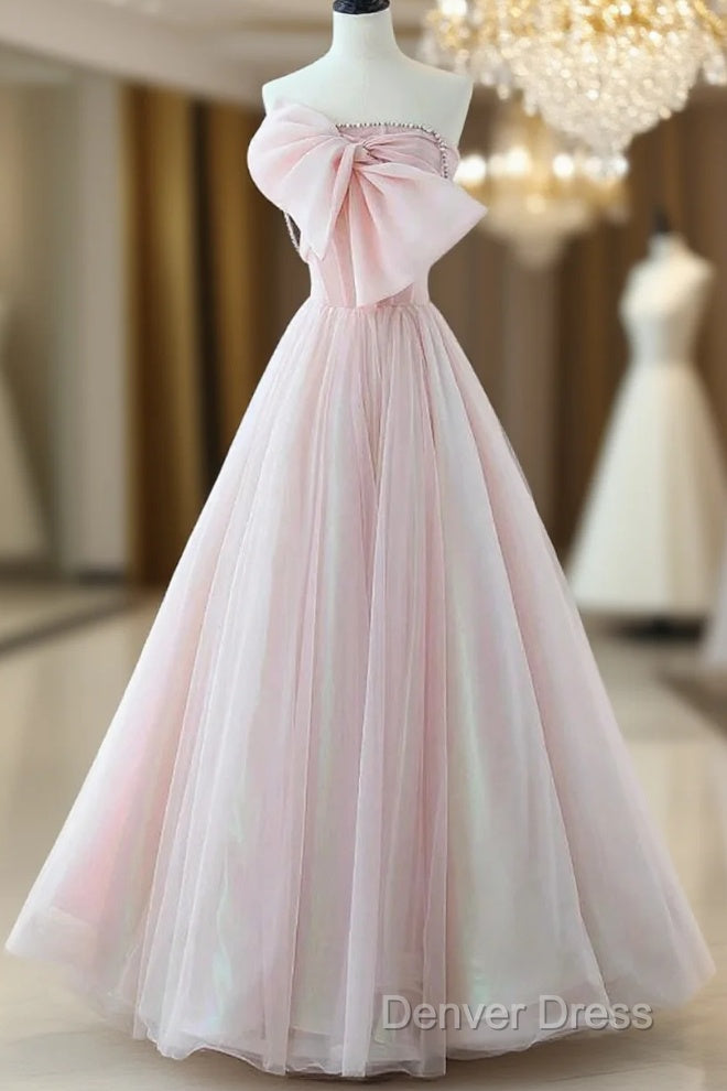 Sexy A-Line Pink Tulle Long Prom Dresses Main image