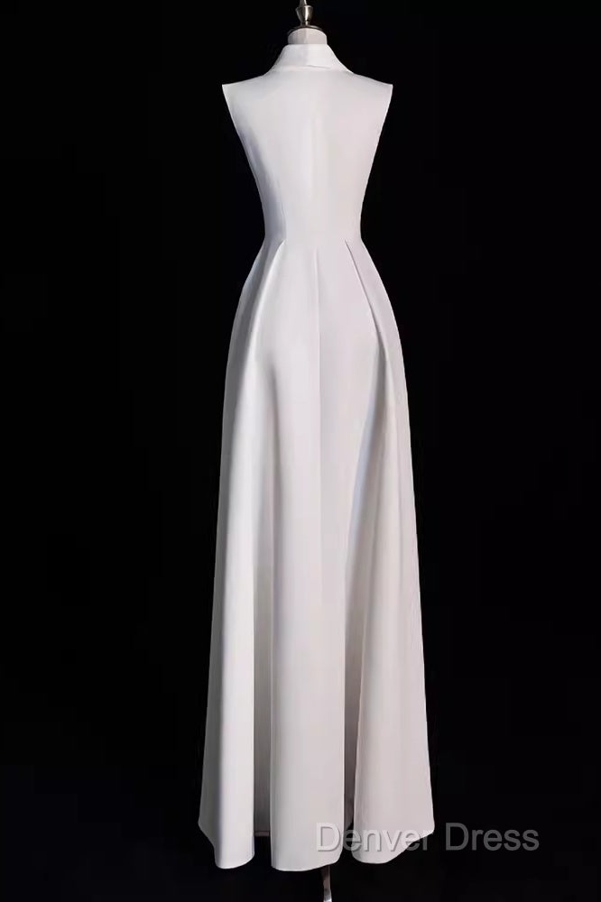 Sexy A Line Satin Party Dresses Long White Prom Dresses