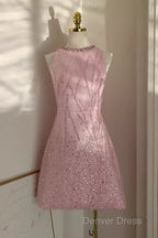 Sexy A Line Scoop Pink Sequin Travel Vacation Dress Short Birthday Dresses