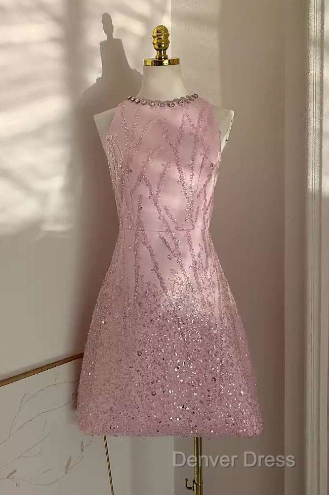 Sexy A Line Scoop Pink Sequin Travel Vacation Dress Short Birthday Dresses