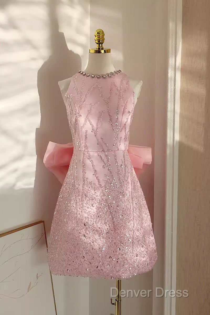 Sexy A Line Scoop Pink Sequin Travel Vacation Dress Short Birthday Dresses
