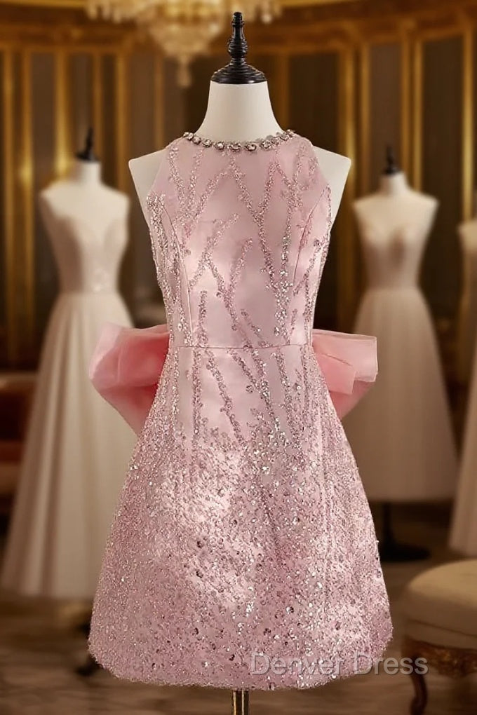 Sexy A Line Scoop Pink Sequin Travel Vacation Dress Short Birthday Dresses