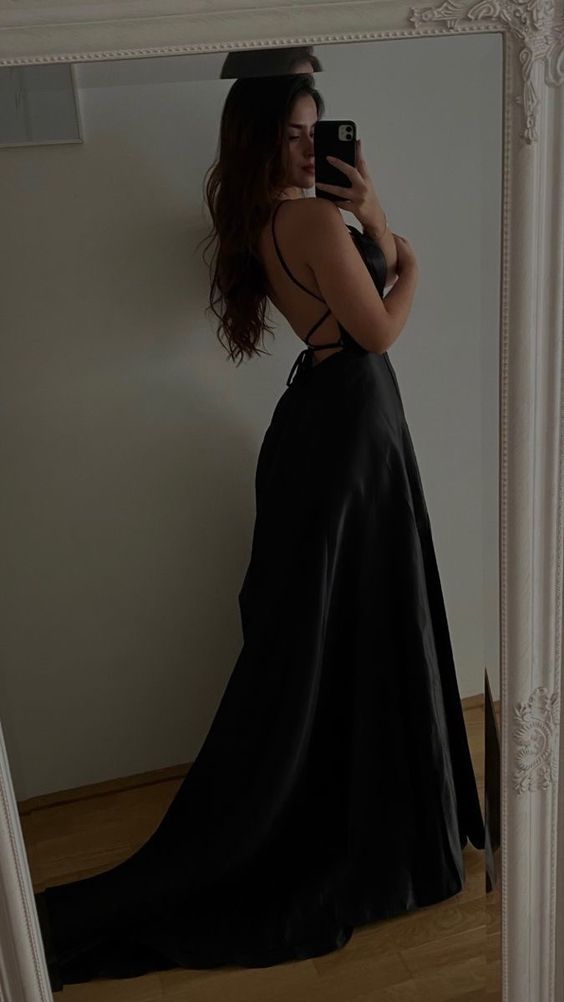 Sexy A Line Spaghetti Straps Black Long Prom Dresses