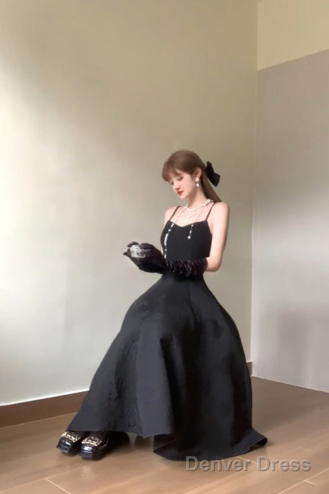 Sexy A Line Spaghetti Straps Black Satin WomenS Beach Dress Vacation Dress Birthday Dresses