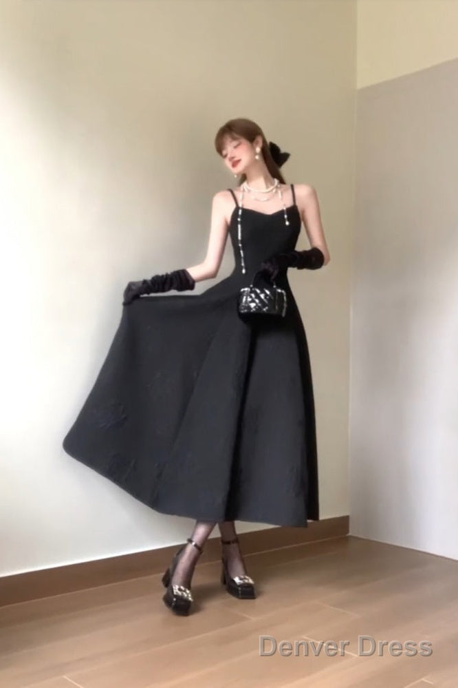 Sexy A Line Spaghetti Straps Black Satin WomenS Beach Dress Vacation Dress Birthday Dresses