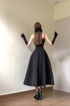 Sexy A Line Spaghetti Straps Black Satin WomenS Beach Dress Vacation Dress Birthday Dresses