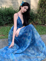 Sexy A Line Spaghetti Straps Blue Floral Backless Holiday Beach Dress WomenS Long Vacation Dresses