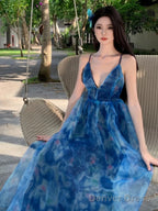 Sexy A Line Spaghetti Straps Blue Floral Backless Holiday Beach Dress WomenS Long Vacation Dresses
