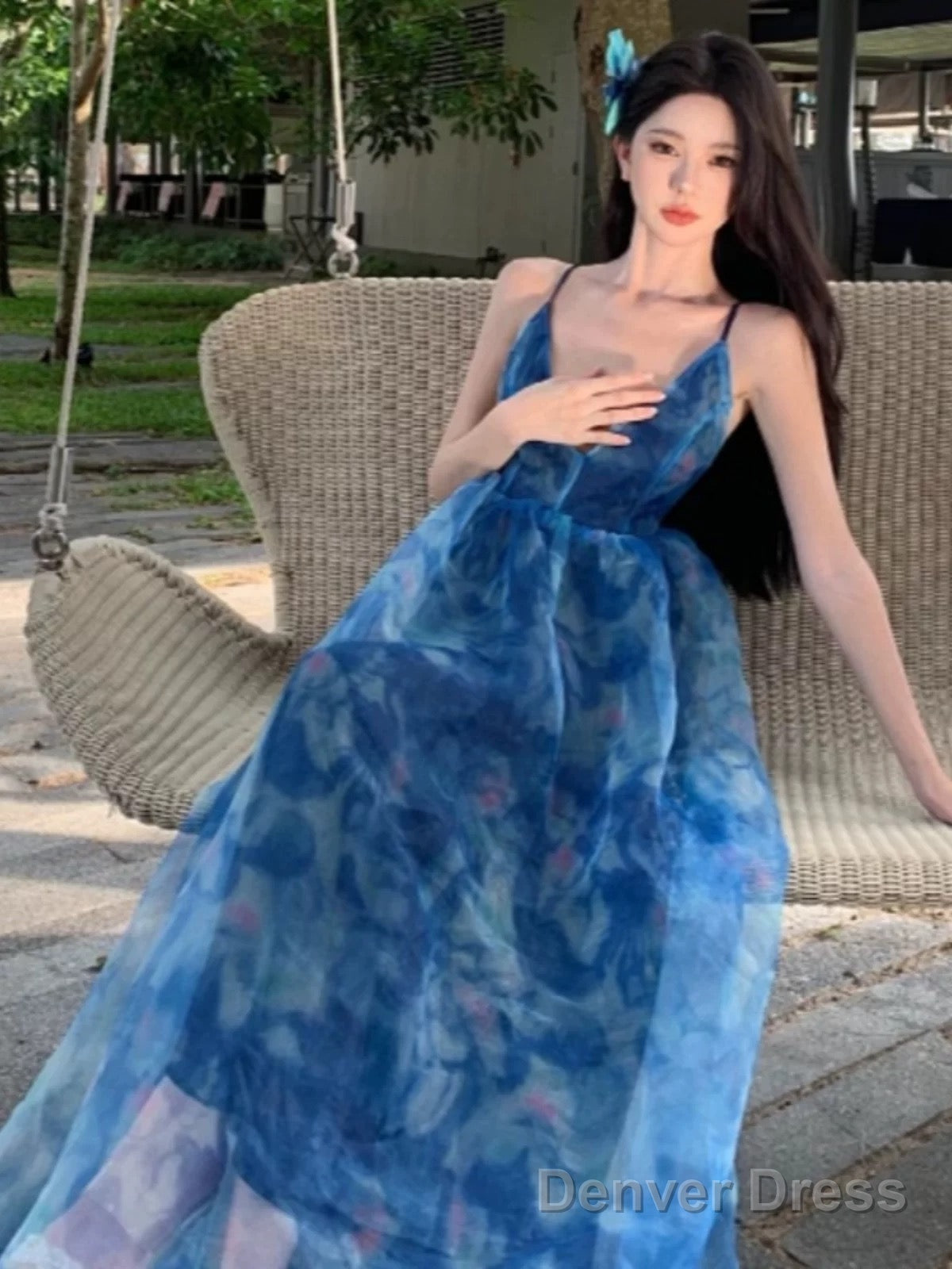 Sexy A Line Spaghetti Straps Blue Floral Backless Holiday Beach Dress WomenS Long Vacation Dresses