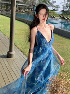Sexy A Line Spaghetti Straps Blue Floral Backless Holiday Beach Dress WomenS Long Vacation Dresses