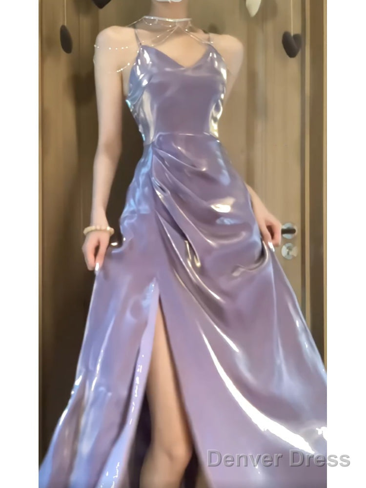 Sexy A Line Spaghetti Straps Grape WomenS Beach Dress Slit Vacation Dress Birthday Dresses