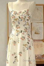 Sexy A Line Spaghetti Straps Ivory Floral Satin Prom Dresses Birthday Outfits Prom Gowns
