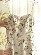 Sexy A Line Spaghetti Straps Ivory Floral Satin Prom Dresses Birthday Outfits Prom Gowns