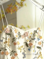 Sexy A Line Spaghetti Straps Ivory Floral Satin Prom Dresses Birthday Outfits Prom Gowns