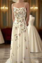 Sexy A Line Spaghetti Straps Ivory Floral Satin Prom Dresses Birthday Outfits Prom Gowns