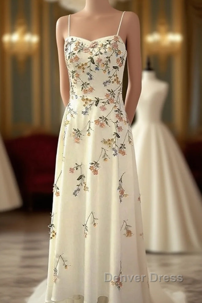 Sexy A Line Spaghetti Straps Ivory Floral Satin Prom Dresses Birthday Outfits Prom Gowns