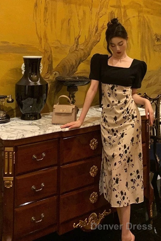 Sexy A Line Square Neckline Floral Black Prom Dresses Birthday Outfits Evening Gown