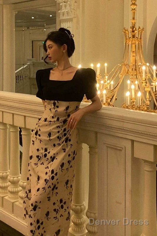 Sexy A Line Square Neckline Floral Black Prom Dresses Birthday Outfits Evening Gown