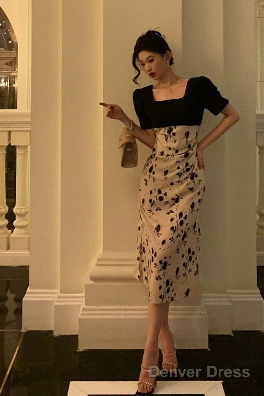 Sexy A Line Square Neckline Floral Black Prom Dresses Birthday Outfits Evening Gown