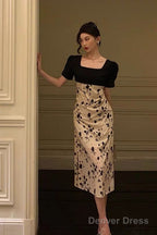 Sexy A Line Square Neckline Floral Black Prom Dresses Birthday Outfits Prom Gowns