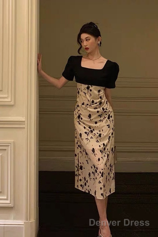 Sexy A Line Square Neckline Floral Black Prom Dresses Birthday Outfits Prom Gowns