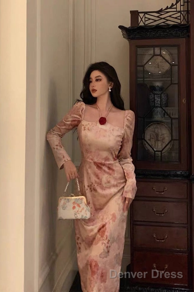 Sexy A Line Square Neckline Long Sleeves Pink Floral Prom Dresses Birthday Outfits Evening Gown Secondary image